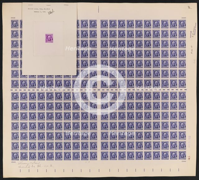 3c American Authors Ralph Waldo Emerson die proof attached to plate proof, 14612. Creator: Bureau of Engraving and Printing.