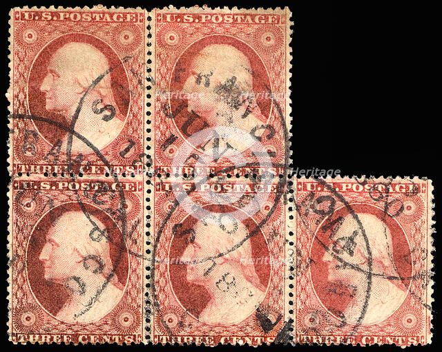 3c Washington type III block of five, 1860. Creator: Unknown.