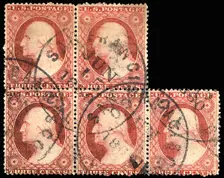 3c Washington type III block of five, 1860. Creator: Unknown