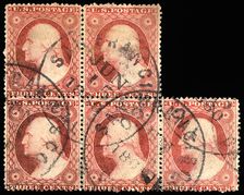 3c Washington type III block of five, 1860. Creator: Unknown