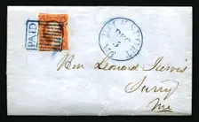 3c Washington with boxed PAID in rectangular grid on cover, 1851. Creator: Unknown