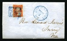 3c Washington with boxed PAID in rectangular grid on cover, 1851. Creator: Unknown