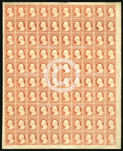 3c Washington imperforate pane of one hundred, 1851. Creator: Unknown.