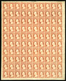 3c Washington imperforate pane of one hundred, 1851. Creator: Unknown
