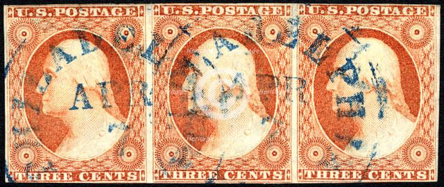 3c Washington imperforate strip of three, c. 1852. Creator: Unknown.