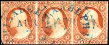 3c Washington imperforate strip of three, c. 1852. Creator: Unknown