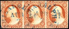 3c Washington imperforate strip of three, c. 1852. Creator: Unknown