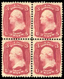 3c Washington "Premier Gravure" block of four, 1861. Creator: Unknown