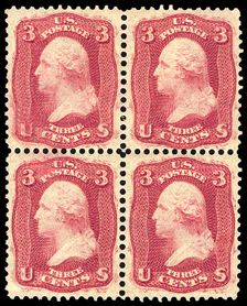 3c Washington "Premier Gravure" block of four, 1861. Creator: Unknown