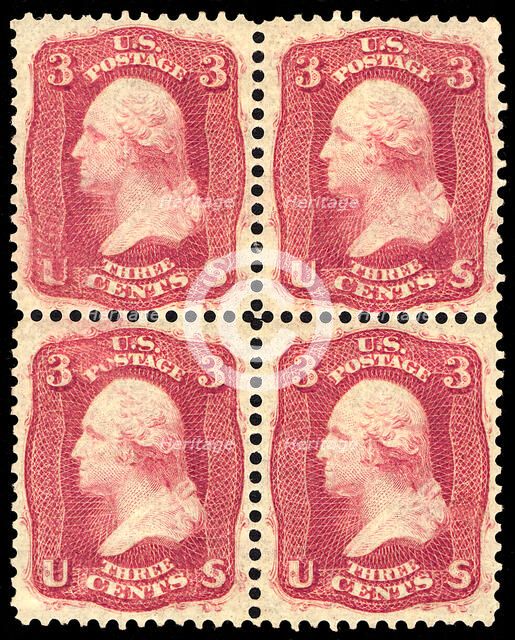 3c Washington "Premier Gravure" block of four, 1861. Creator: Unknown.