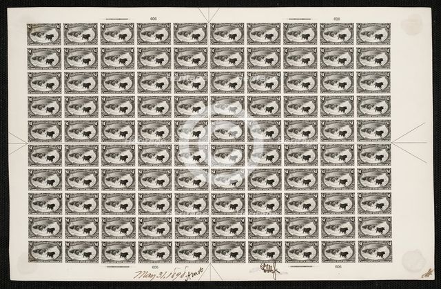 $1 Trans-Mississippi Western Cattle in Storm plate proof sheet, May 31, 1898. Creator: Bureau of Engraving and Printing.