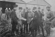 1. K. Rockwell, 2. Capt. Thenault, 3. Norman Prince, 4. Lieut. DeLaage, 5. Sgt. E, Cowdin..., 1916. Creator: Bain News Service