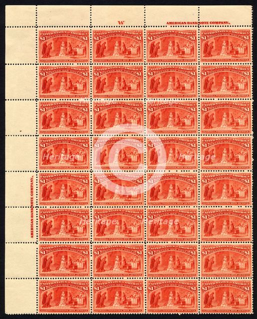 $1 Queen Isabella Pledging Her Jewels imprint block of thirty-two, 1893. Creator: American Bank Note Company.
