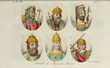 1. Rurik 2. Igor of Kiev 3. Olga 4. Sviatoslav 5. Vladimir the Great 14. Ivan IV (from Il costume antico… by Giulio Ferrario), 1831. Artist: Giarrè, Luigi (1772-1844)