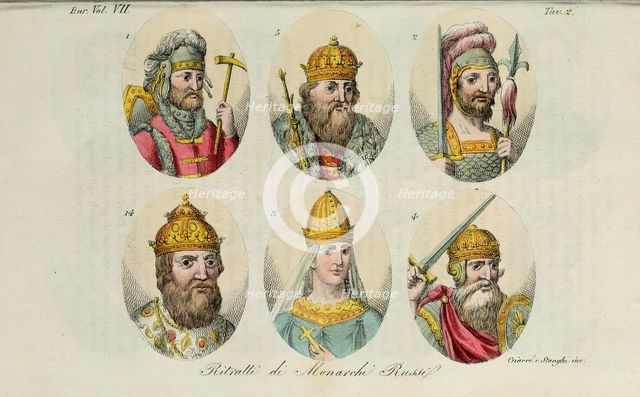 1. Rurik 2. Igor of Kiev 3. Olga 4. Sviatoslav 5. Vladimir the Great 14. Ivan IV (from Il costume antico… by Giulio Ferrario), 1831. Artist: Giarrè, Luigi (1772-1844)