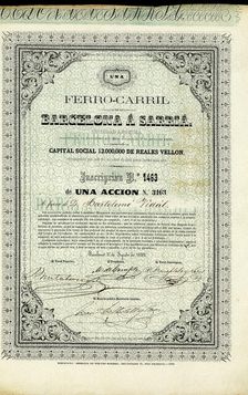 100 Pesos share from the Ferrocarril de Barcelona a Sarria, ??SA, Barcelona August 8, 1859