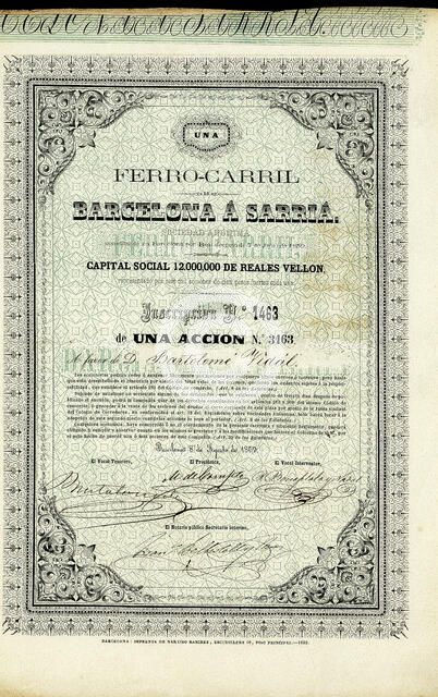 100 Pesos share from the Ferrocarril de Barcelona a Sarria, ??SA, Barcelona August 8, 1859.