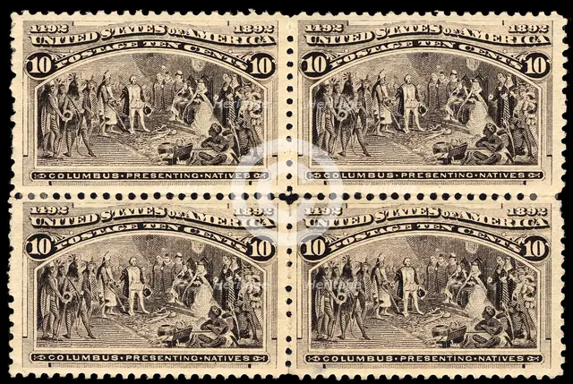 10c Columbus Presenting Natives block of four, 1893. Creator: Unknown.