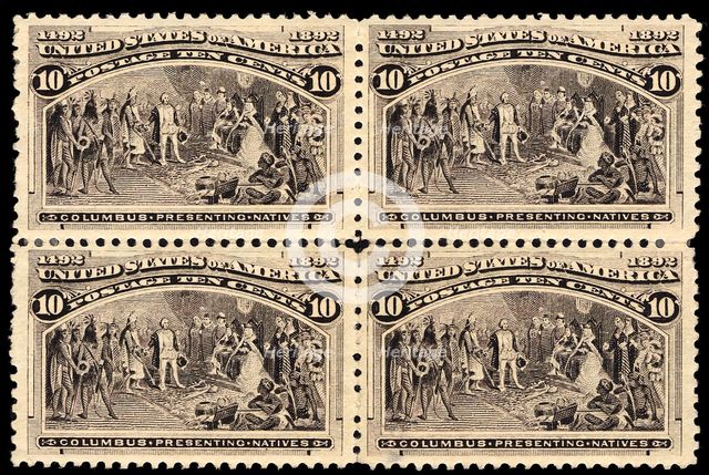 10c Columbus Presenting Natives block of four, 1893. Creator: Unknown.
