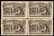 10c Columbus Presenting Natives block of four, 1893. Creator: Unknown