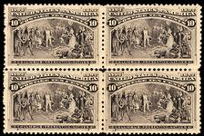 10c Columbus Presenting Natives block of four, 1893. Creator: Unknown