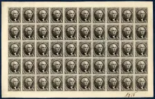 10c Washington reproduction plate proof on card sheet of fifty, 1891. Creator: Bureau of Engraving and Printing