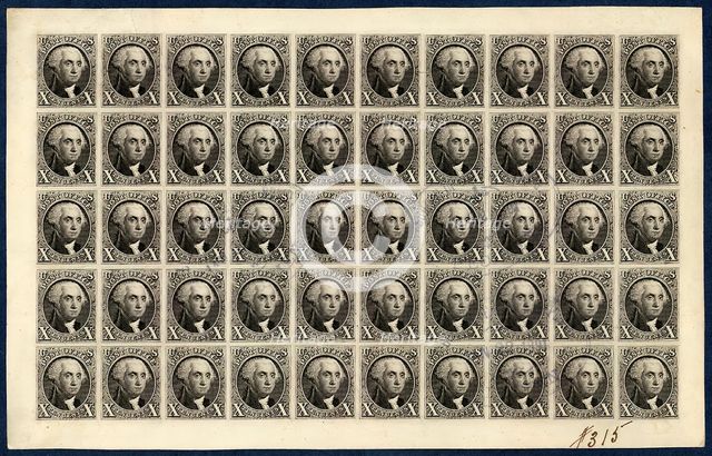10c Washington reproduction plate proof on card sheet of fifty, 1891. Creator: Bureau of Engraving and Printing.