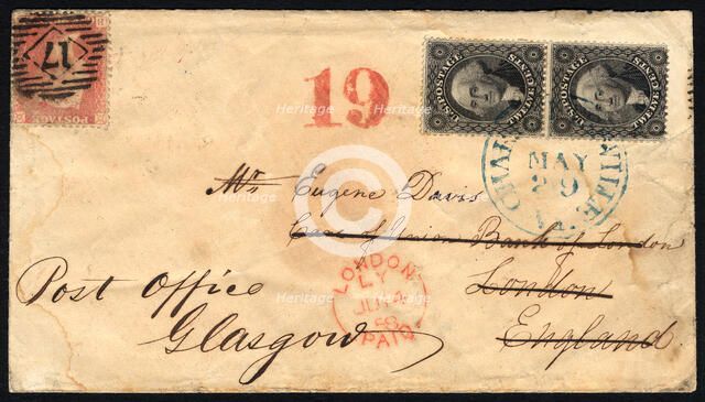 12c Washington Charlottesville, VA to London forwarded to Glasgow cover, May 29, 1858. Creator: Unknown.
