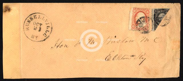 12c Washington bisect with 3c Washington single on cover, 1857-1861. Creator: Unknown.