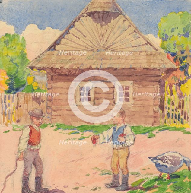 13.- Two Boys in Front of the Wooden House, 1932. Creator: Gustav Mally.