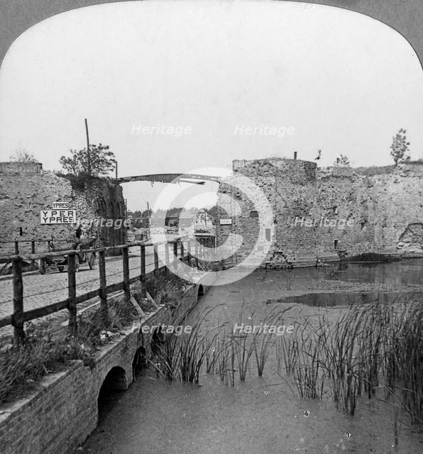 14th century ramparts and Lille Gate, Ypres, Belgium, World War I, c1914-c1918.  Artist: Realistic Travels Publishers