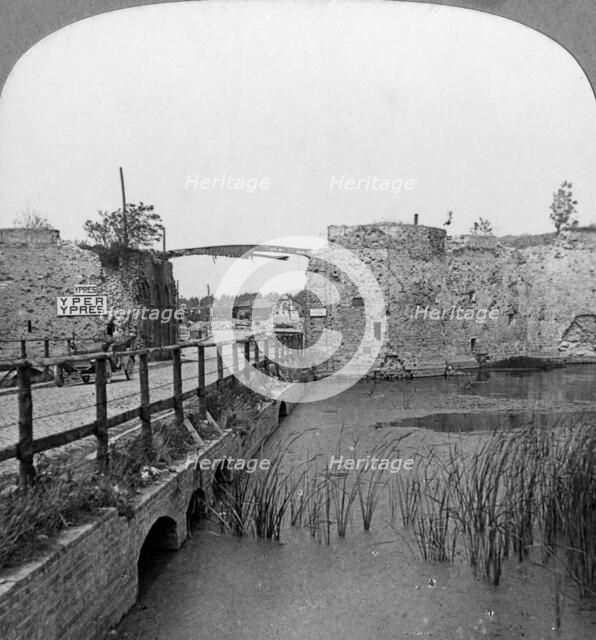 14th century ramparts and Lille Gate, Ypres, Belgium, World War I, c1914-c1918.  Artist: Realistic Travels Publishers