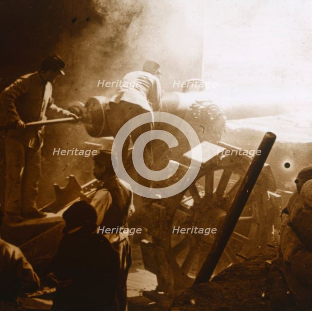 155 cannon in action, Arras, northern France, 1915. Artist: Unknown.