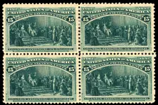15c Columbus Announcing His Discovery block of four, 1893. Creator: Unknown