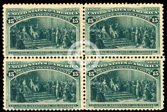 15c Columbus Announcing His Discovery block of four, 1893. Creator: Unknown.
