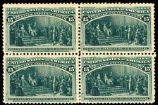 15c Columbus Announcing His Discovery block of four, 1893. Creator: Unknown