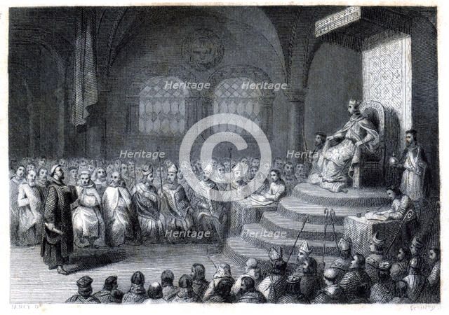 16th or 17th Toledo Council (693-694) held during the reign of King Égica (687-702), engraving by…