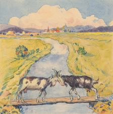 17.- Meeting of two goats on a narrow footbridge over a stream, 1932. Creator: Gustav Mally