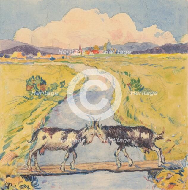 17.- Meeting of two goats on a narrow footbridge over a stream, 1932. Creator: Gustav Mally.