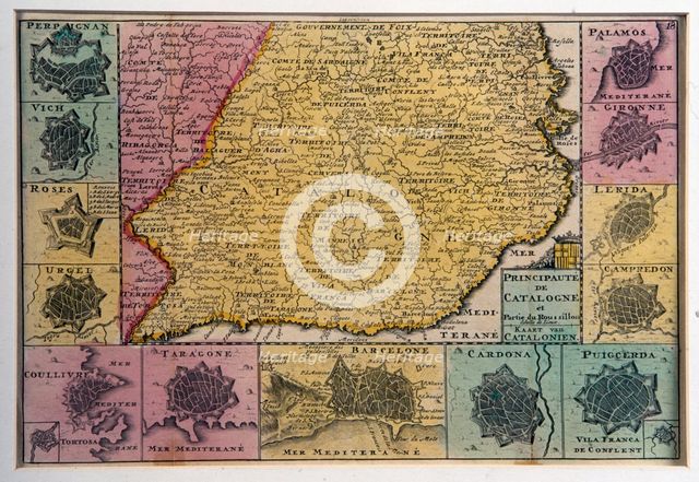 1725 copper-engraved map of the Principality of Catalonia, which includes the plans of Perpignan... Creator: La Feuille, Daniel (1640-1709).