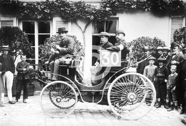 1894 Paris to Rouen race.Marchand in Peugeot Artist: Unknown.