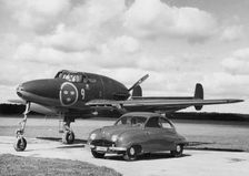 1949 Saab 92 with Saab 21 Jet Fighter plane. Creator: Unknown