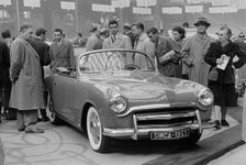 1953 Simca 8 Sport at motor show. Creator: Unknown