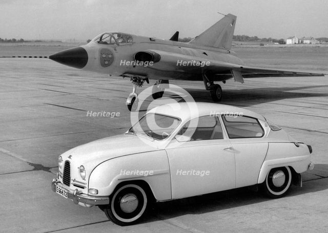 1960 Saab 96 and Saab 35 Draken Jet Fighter. Creator: Unknown.