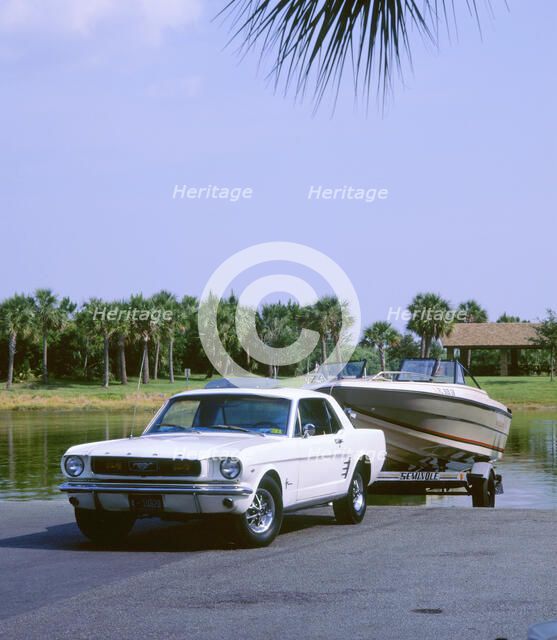1967 Ford Mustang towing a boat. Artist: Unknown.