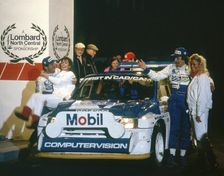 1986 RAC Rally. Tony Pond and Rob Arthur celebrate finishing 6th in MG Metro 6R4
