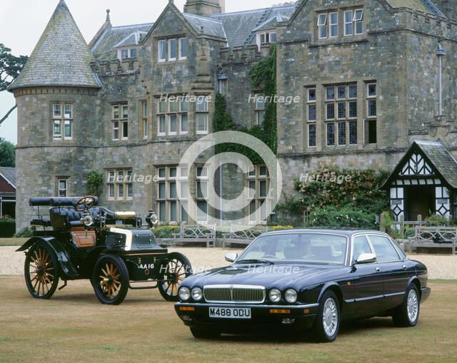 1995 Daimler Double six with 1899 Daimler outside Palace House. Artist: Unknown.