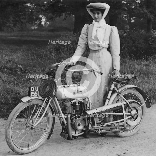 1906 Rex with motorcyclist Muriel Hind. Creator: Unknown.