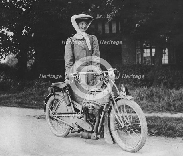 1909 Rex with motorcyclist Muriel Hind. Creator: Unknown.
