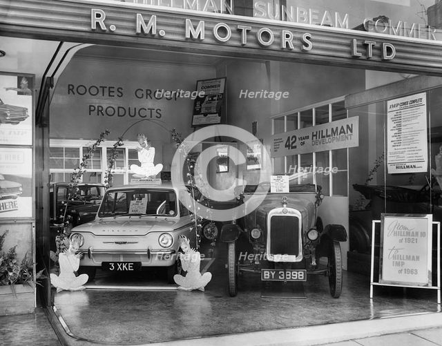 1921 Hillman 10.5 hp with Hillman Imp on motor show stand. Creator: Unknown.